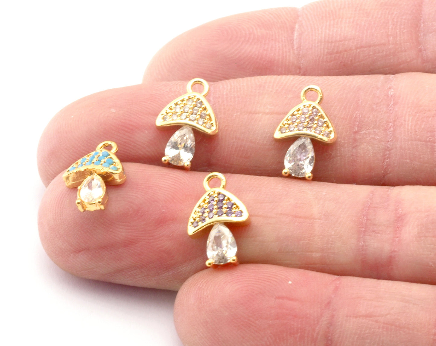 Mushroom Charms Pendant Crystals Cubic Zirconia , Gold plated brass charms (14x9mm) 4812