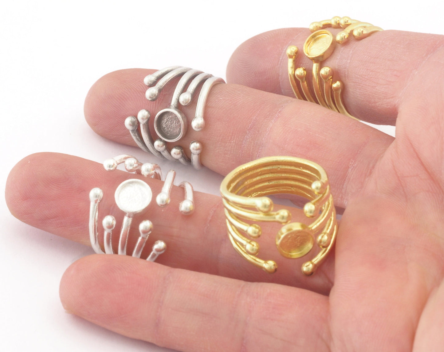 Art Ball Head Ring Adjustable Ring Bezel Raw Shiny, Antique Silver, Gold Plated Brass 6 mm Round Setting (7US - 9USinner size ) 4809