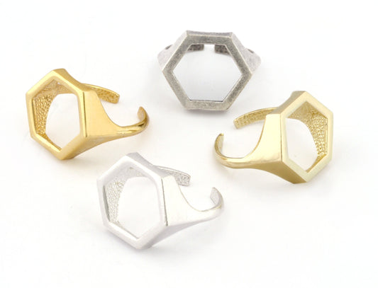 Signet Open Hexagonal Ring Adjustable Raw brass Antique silver, Shiny silver ,Shiny gold plated (18mm 8US inner size) 4198