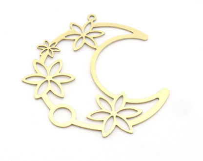 Flower Crescent Moon Charms Pendant Raw Brass 45x41mm 0.6 mm 1 hole chams 1508-3