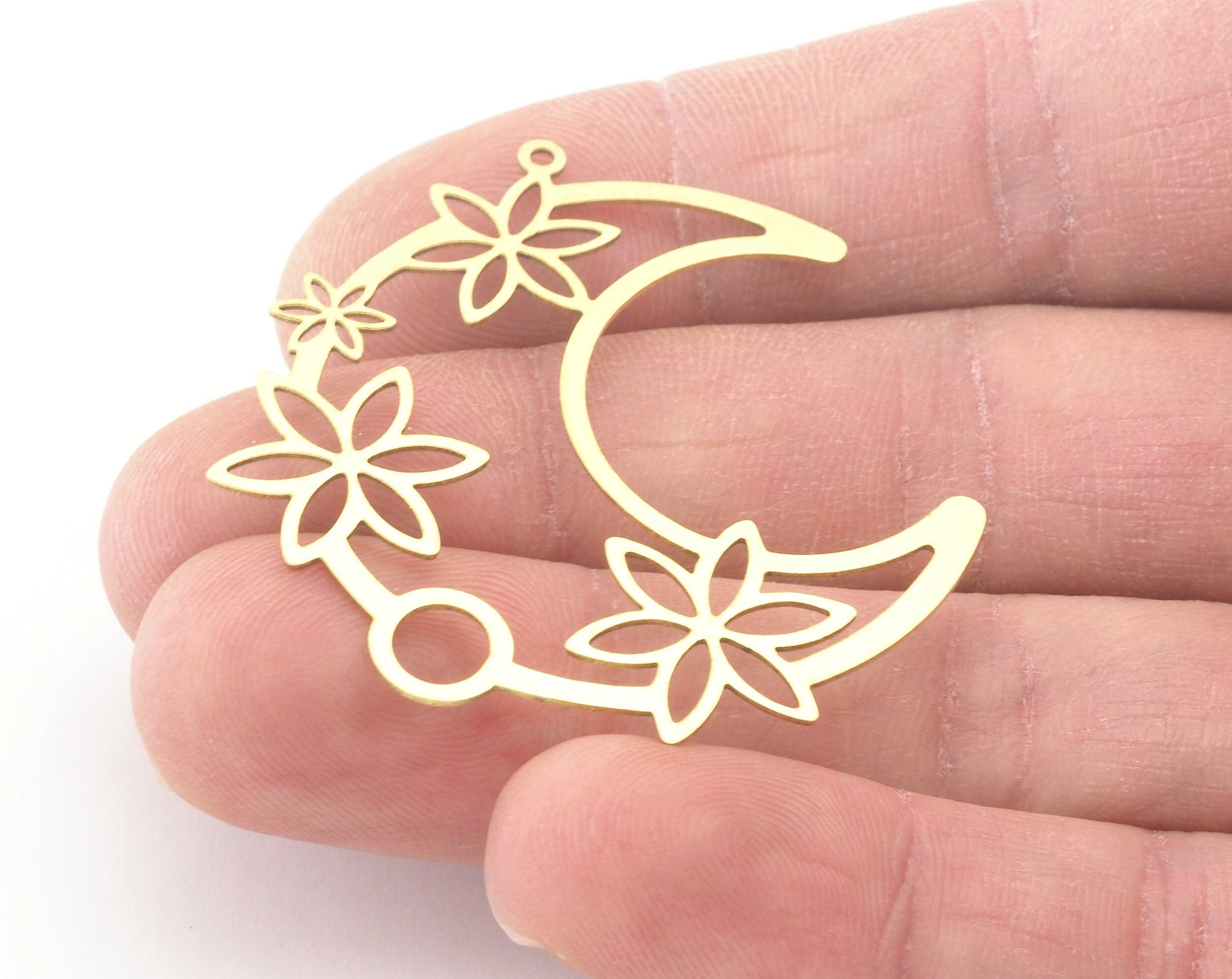 Flower Crescent Moon Charms Pendant Raw Brass 45x41mm 0.6 mm 1 hole chams 1508-3