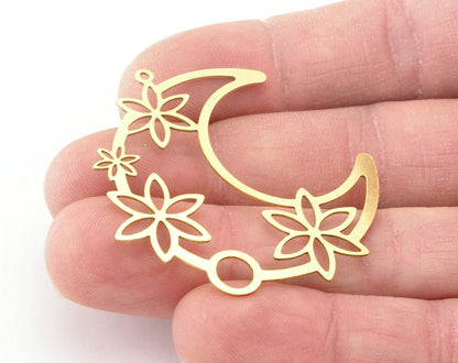 Flower Crescent Moon Charms Pendant Raw Brass 45x41mm 0.6 mm 1 hole chams 1508-3