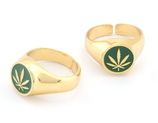 Leaf Ring Adjustable Green Enamel Filled Shiny Gold Plated Brass (7US-9US inner size) 4805
