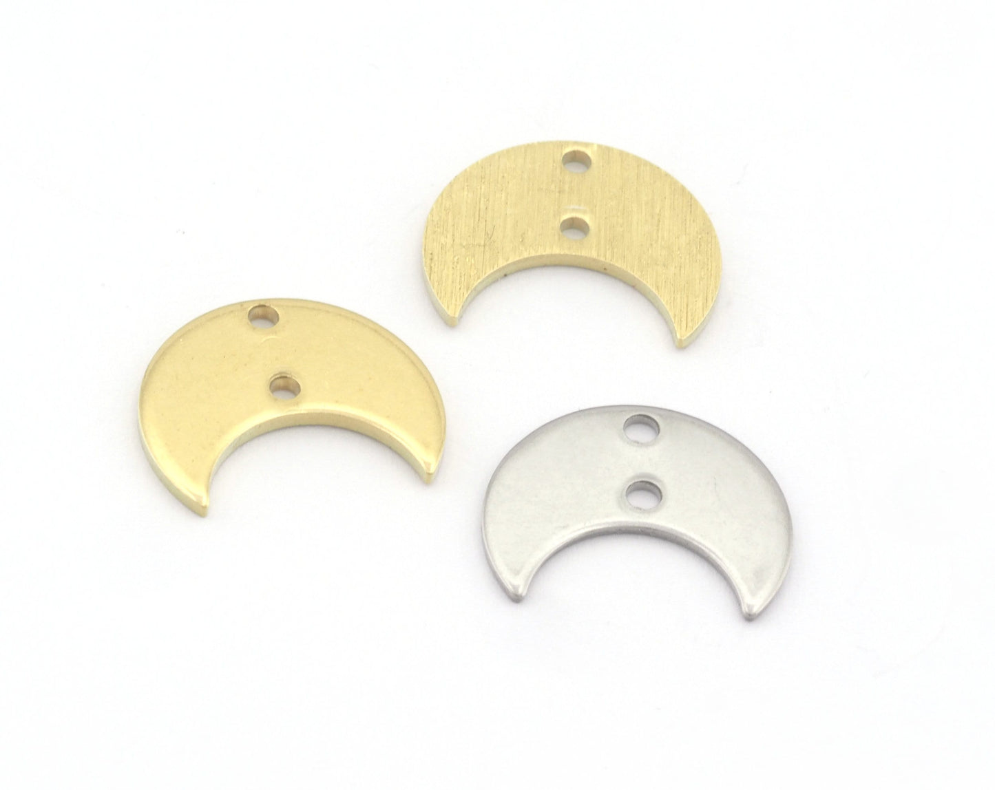 Crescent Moon Tag Connector 15mm 2 hole Raw Brass - Brushed Brass - Stainless Steel Charms Findings Stampings OZ4849-100