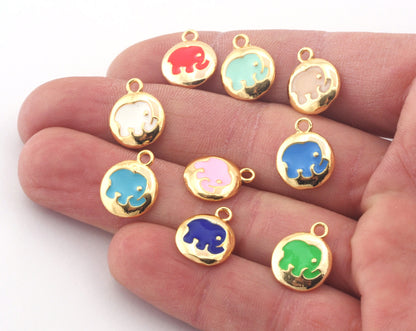 Elephant Round Colorful Charms Enamel Shiny Gold Plated Charms 14x12mm findings OZ4818