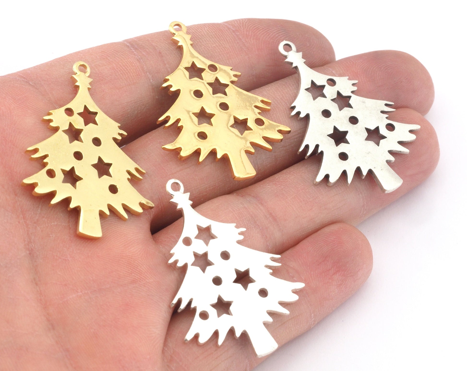 Decorated Pine Tree Winter Charms Pendant Raw Solid Brass , Antique silver plated, Shiny silver plated, Shiny gold plated 39x28mm 4839