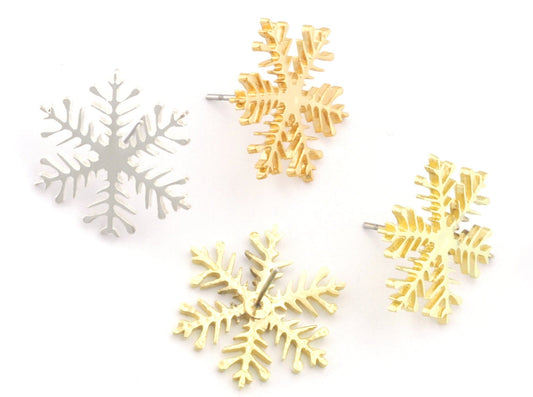 Snow Flake Winter Earring Stud Post Raw Brass, Shiny silver plated, Shiny gold plated 21mm Earring Blanks 4830