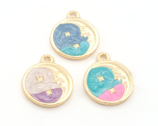 Crescent Moon Star Colorful Charms Enamel Shiny Gold Plated Charms 16x18mm findings 2668