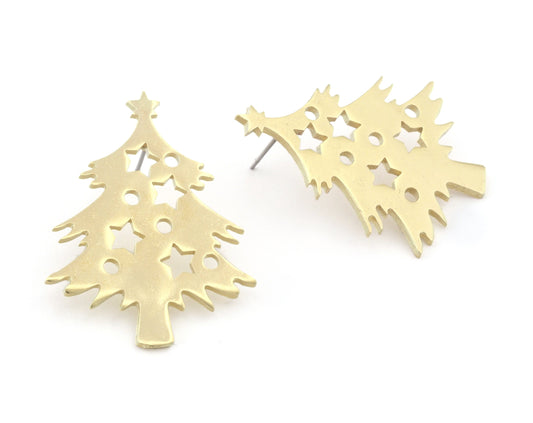 Decorated Tree Winter Earring Stud Post Raw Brass 37x28mm Earring Blanks 4831