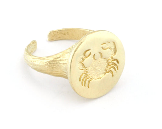 Crab Cancer Ring Horoscope Bark Textured Band Round Ring Adjustable Ring Raw brass (5 - 8.5US inner size) OZ4862