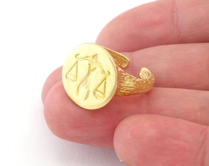Libra Ring Scales Horoscope Bark Textured Band Round Ring Adjustable Ring Raw brass (5 - 8.5US inner size) OZ4870
