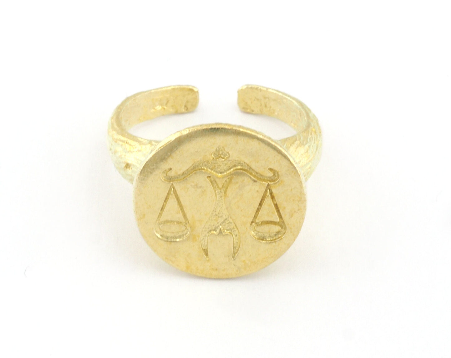 Libra Ring Scales Horoscope Bark Textured Band Round Ring Adjustable Ring Raw brass (5 - 8.5US inner size) OZ4870