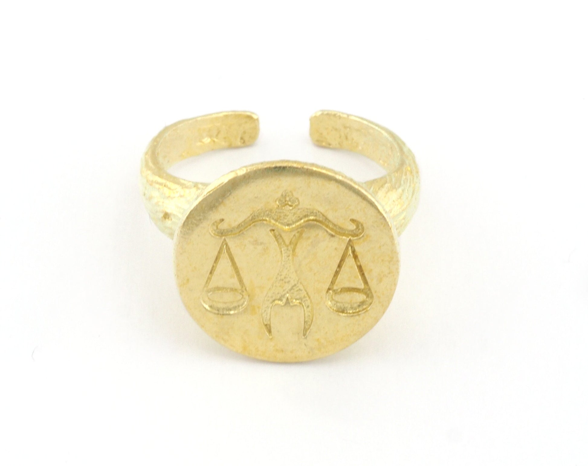 Libra Ring Scales Horoscope Bark Textured Band Round Ring Adjustable Ring Raw brass (5 - 8.5US inner size) OZ4870