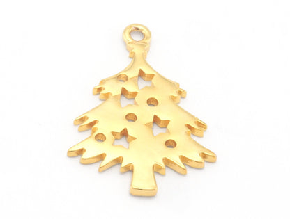Decorated Tree Pine Charms Pendant Shiny Gold Plated Brass 25x18mm 1.5 mm 1 hole chams 4868