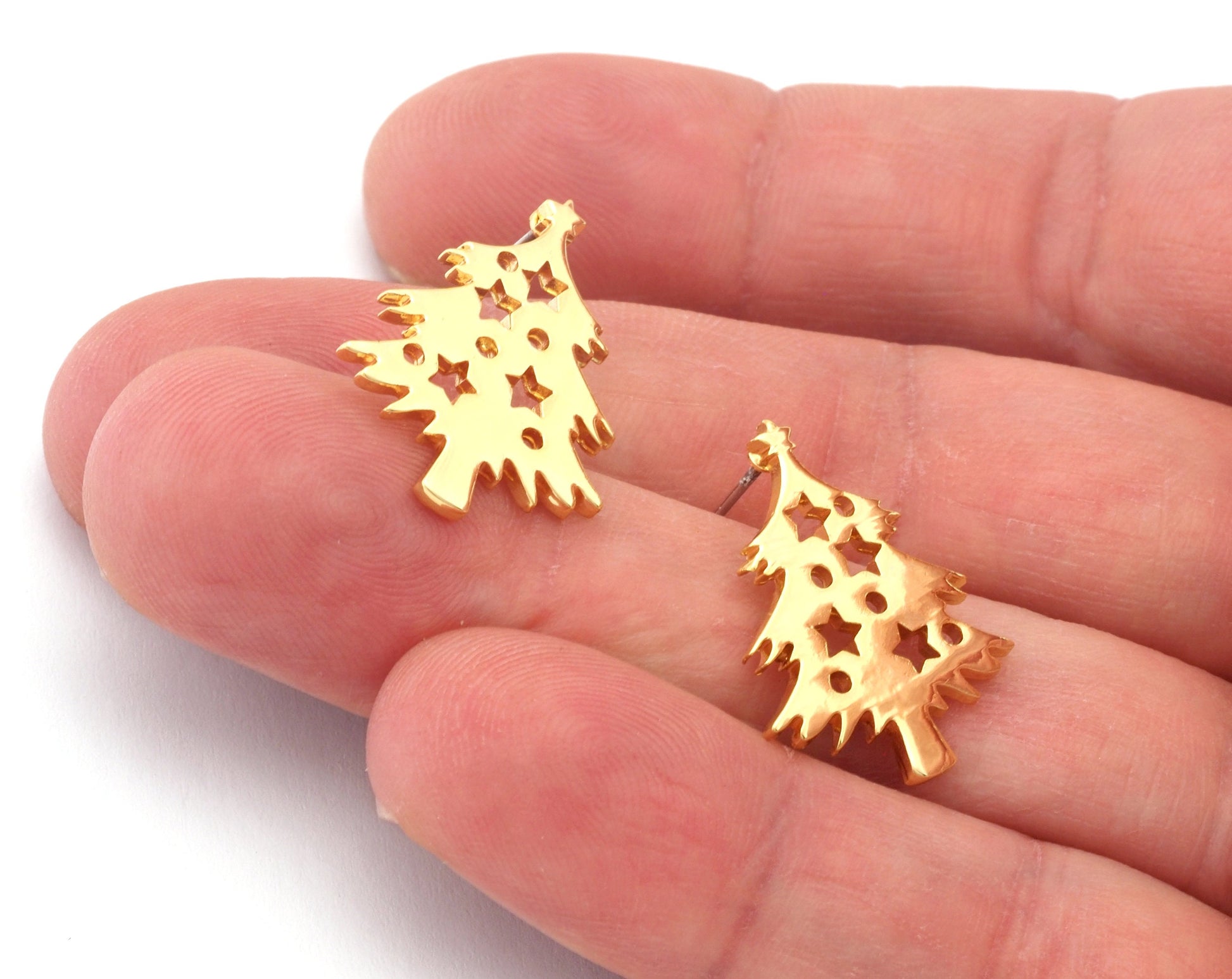 Decorated Pine Tree Winter Earring Stud Post Shiny Gold Plated Brass 23x18mm Earring Blanks 4869