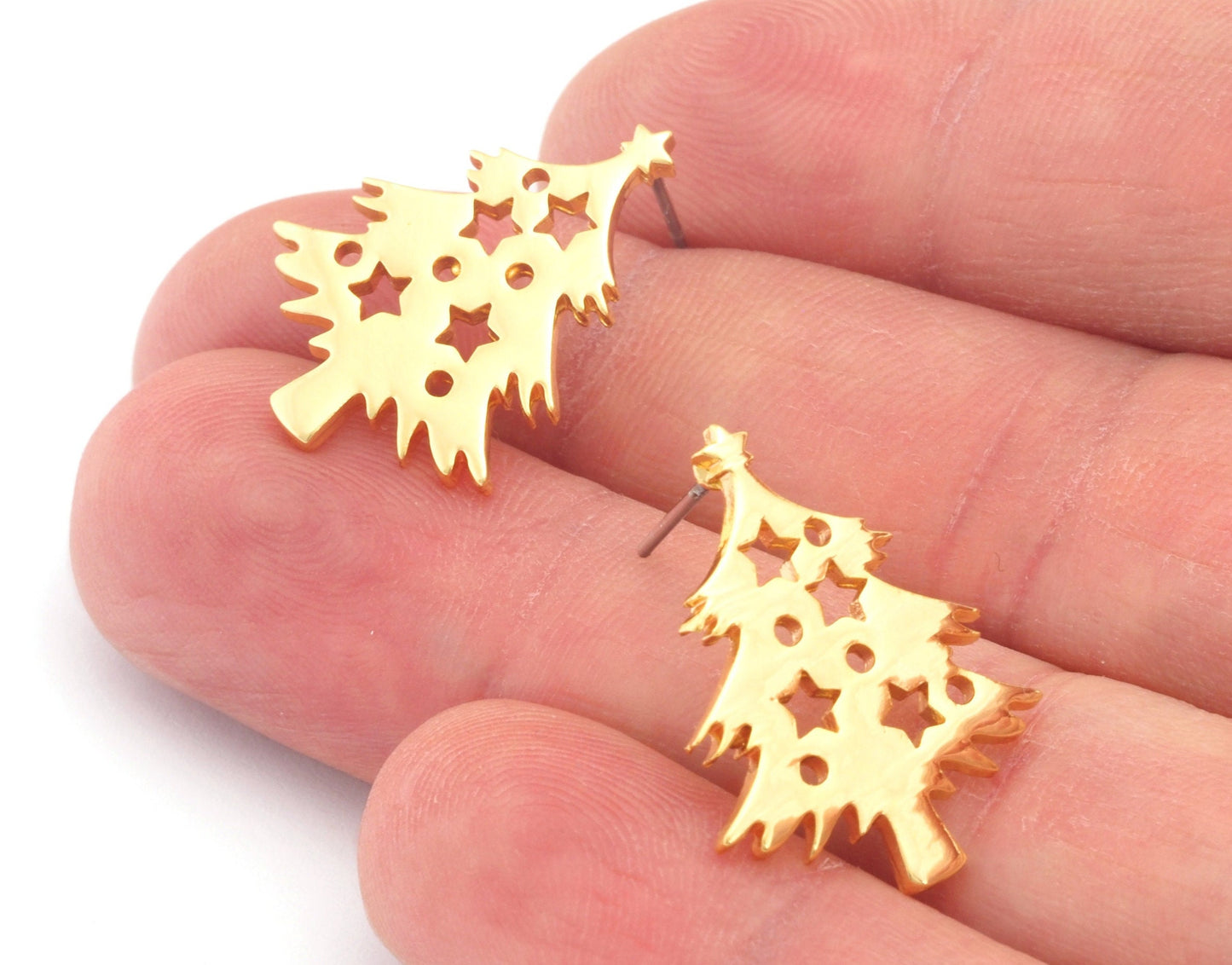 Decorated Pine Tree Winter Earring Stud Post Shiny Gold Plated Brass 23x18mm Earring Blanks 4869