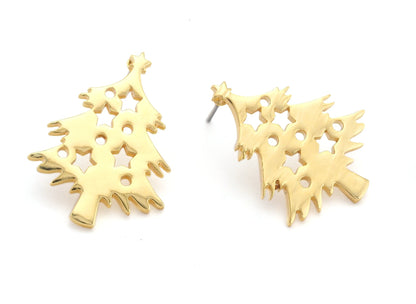 Decorated Pine Tree Winter Earring Stud Post Shiny Gold Plated Brass 23x18mm Earring Blanks 4869