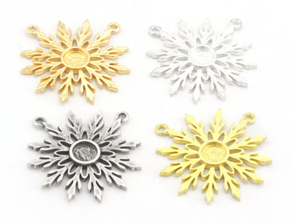 Snow Flake Charms Pendant Connector 2 Hole Blank Bezel Setting Raw Brass ,Antique silver, Shiny silver, Shiny Gold 28x28mm (6mm) chams 4867