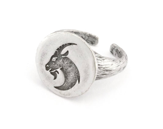Goat Capricorn Ring Horoscope Bark Textured Band Round Ring Adjustable Ring Antique Silver Plated brass (5 - 8.5US inner size) OZ4863