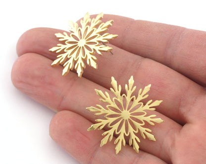 Snow Flake Round Winter Earring Stud Post Raw (Solid Brass), Shiny silver plated , Shiny gold plated 30mm Earring Blanks 4840