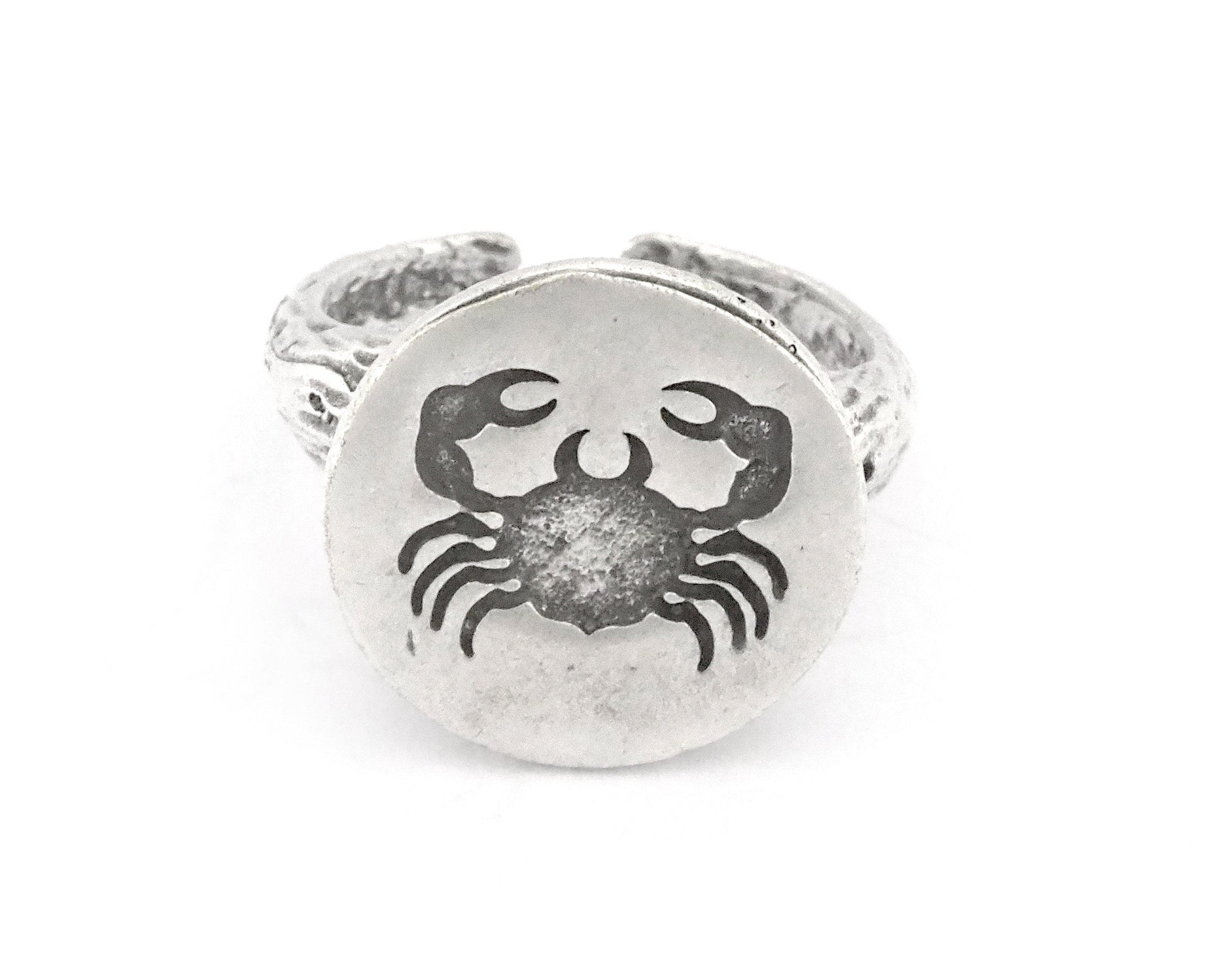 Crab Cancer Horoscope Ring Bark Textured Band Round Ring Adjustable Ring Antique Silver Plated brass (5 - 8.5US inner size) OZ4862