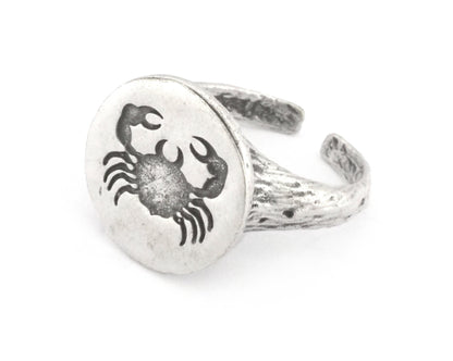 Crab Cancer Horoscope Ring Bark Textured Band Round Ring Adjustable Ring Antique Silver Plated brass (5 - 8.5US inner size) OZ4862