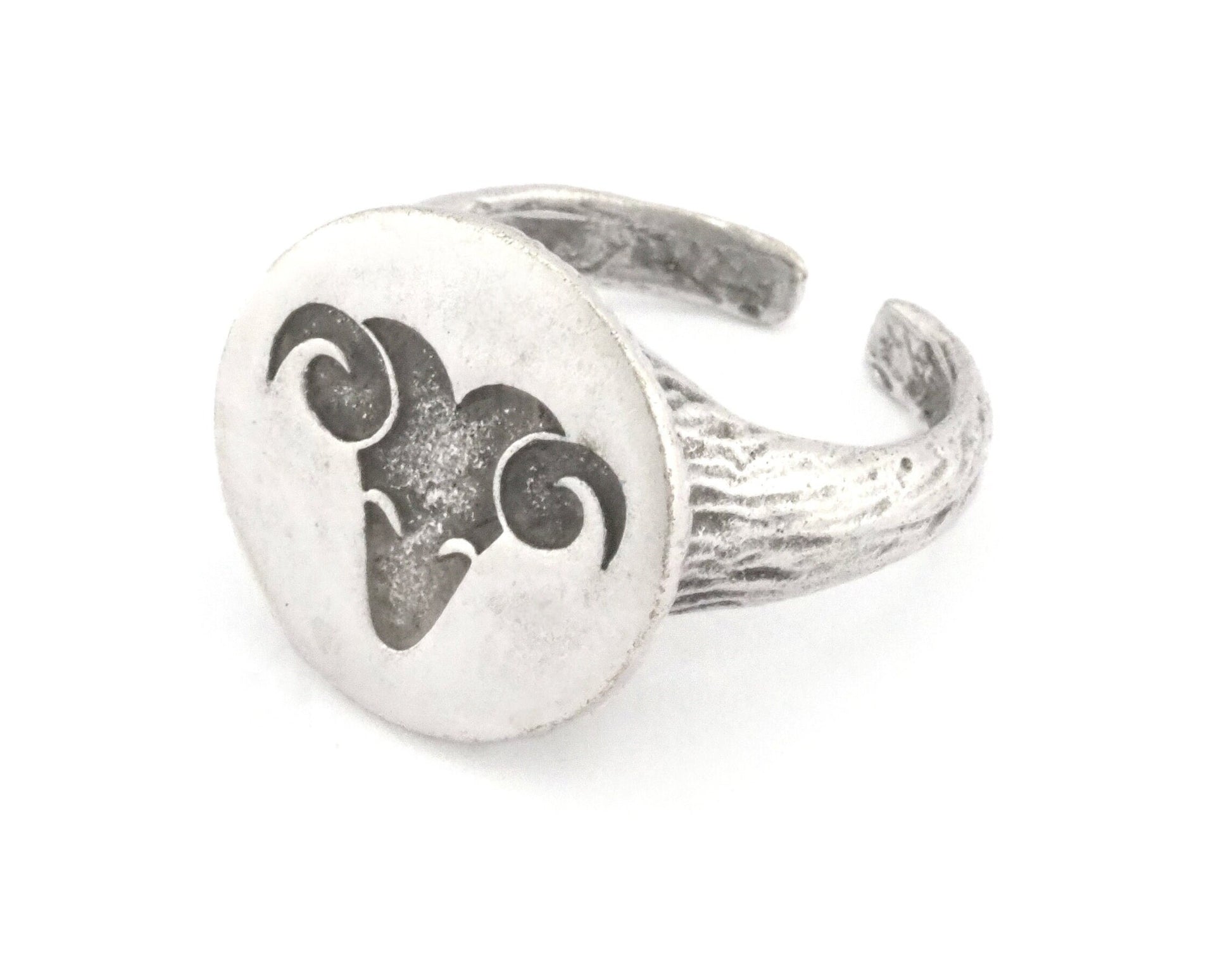 Ram Aries Horoscope Ring Bark Textured Band Round Ring Adjustable Ring Antique silver plated brass (5 - 8.5US inner size) OZ4864