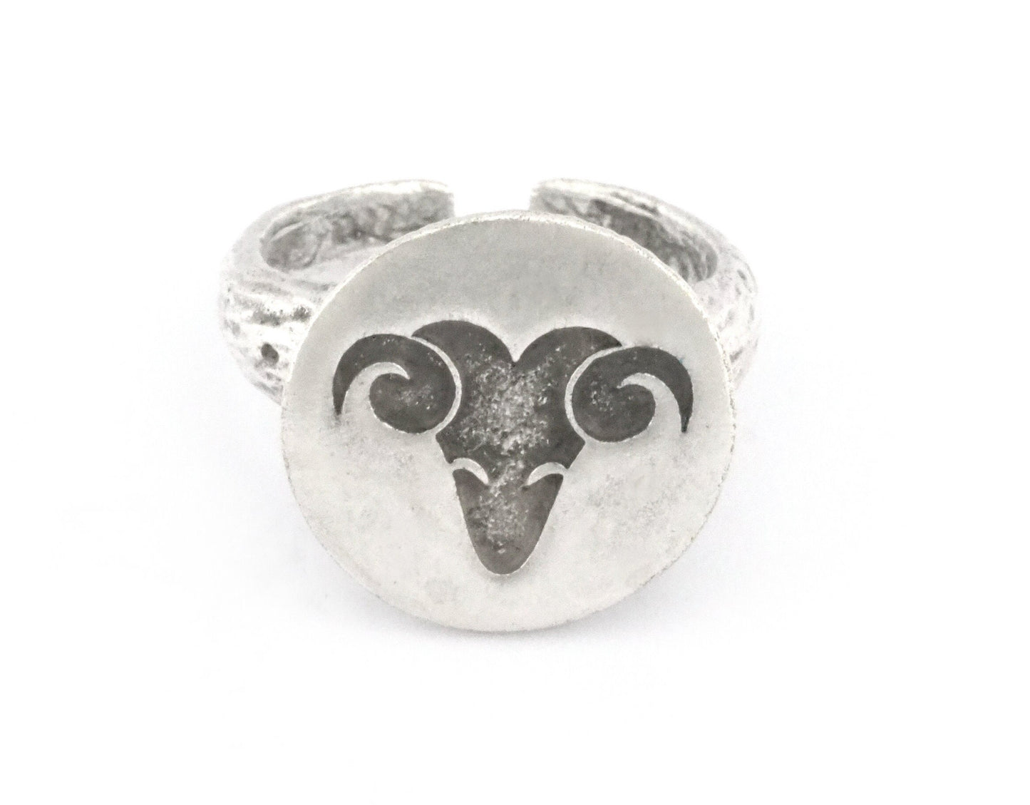 Ram Aries Horoscope Ring Bark Textured Band Round Ring Adjustable Ring Antique silver plated brass (5 - 8.5US inner size) OZ4864
