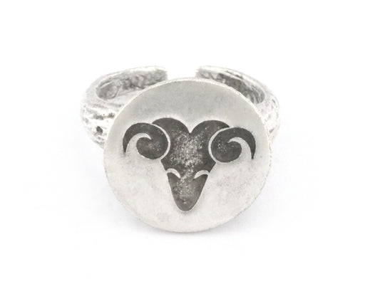 Ram Aries Horoscope Ring Bark Textured Band Round Ring Adjustable Ring Antique silver plated brass (5 - 8.5US inner size) OZ4864