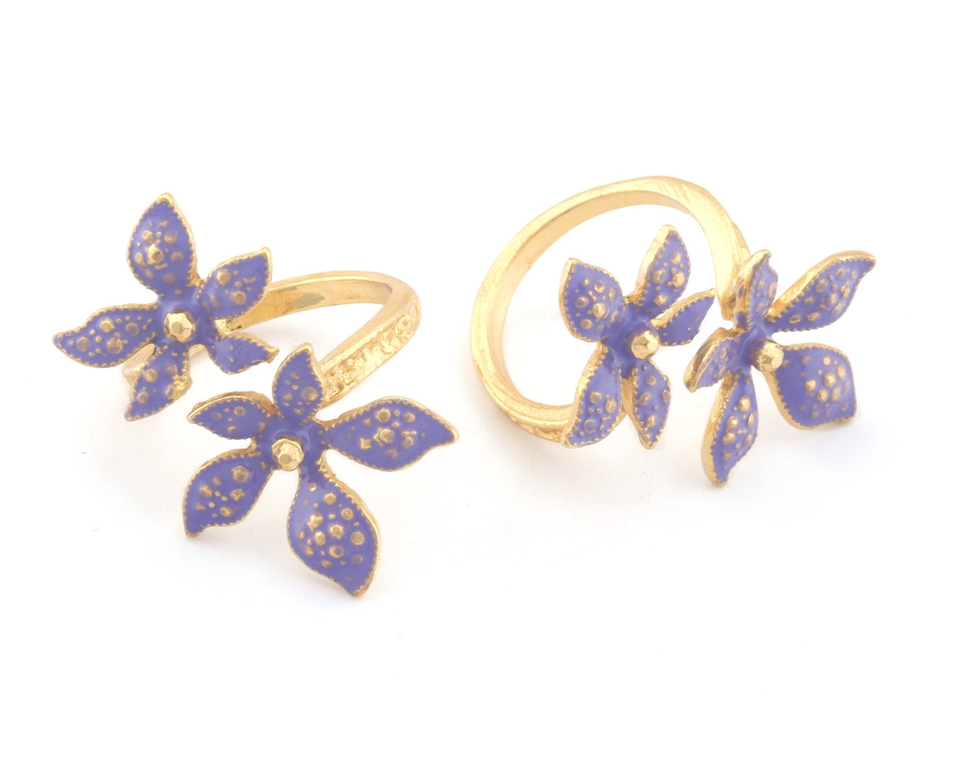 Flowers Adjustable Ring Shiny Gold Plated Brass Lilac enamel Filled (19mm 9US inner size) OZ2827