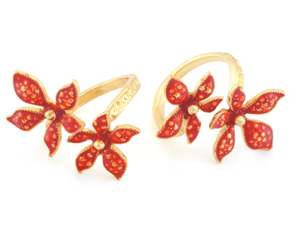 Flowers Adjustable Ring Shiny Gold Plated Brass Red enamel Filled (19mm 9US inner size) OZ2827