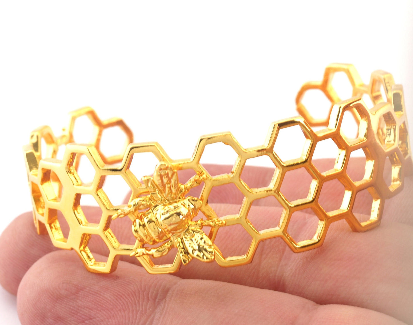 Bee Honey Comb Bracelet Cuff Shiny Gold (Nickel Lead Free plated ) brass (55mm inner size ) 4896