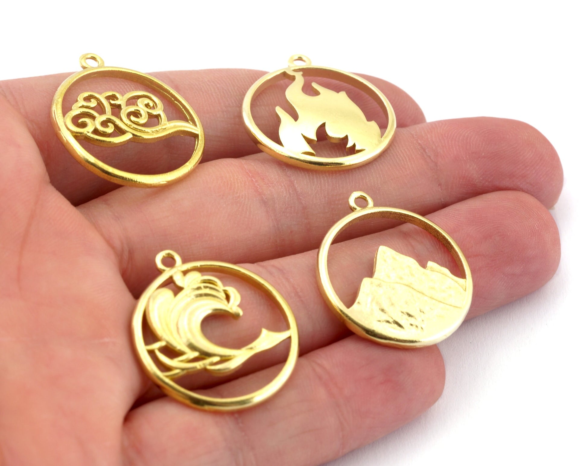 Four Elements Earth, Air, Water, Fire Symbols Charms Pendant Raw Brass (27x24mm) 4900