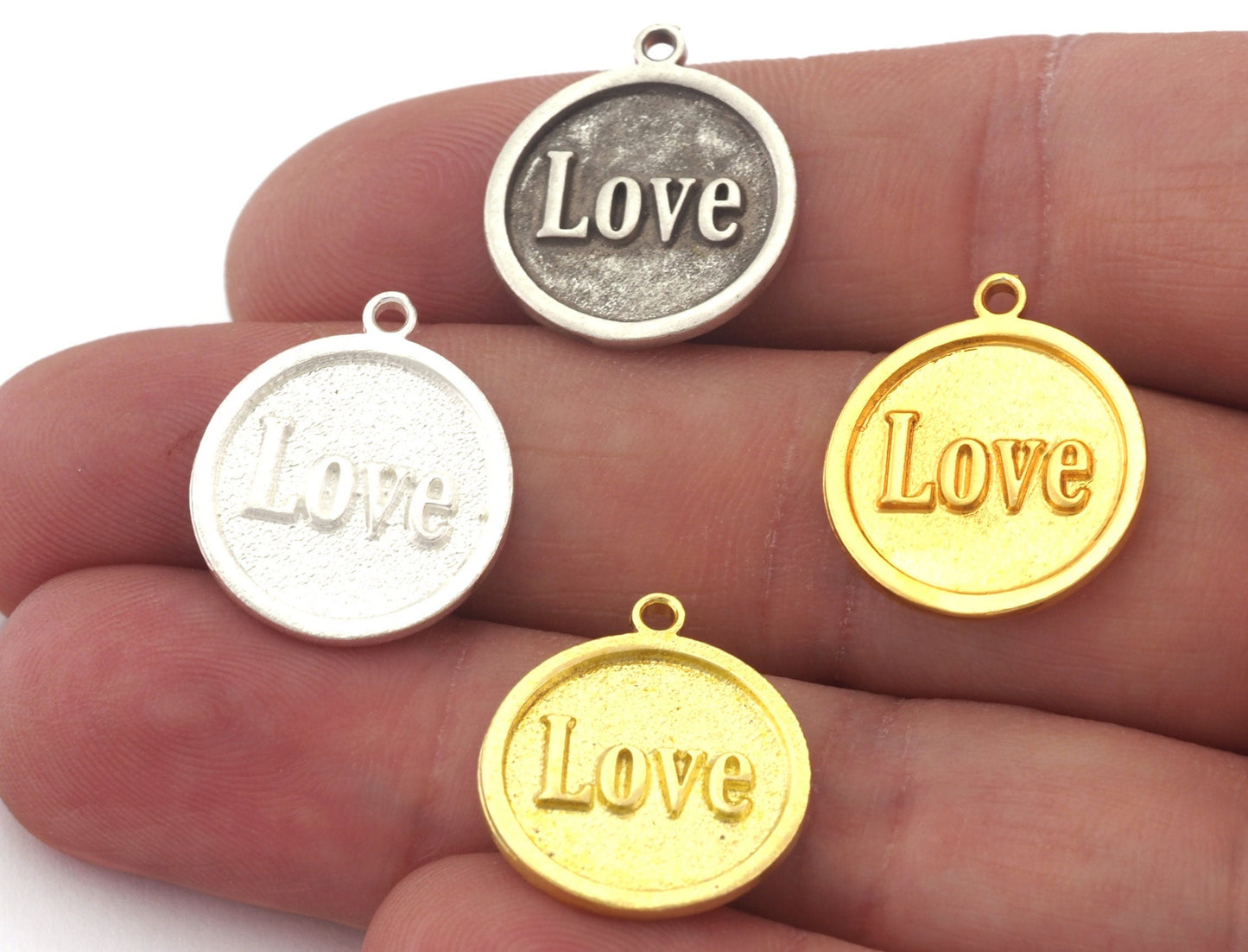 Love Round Disc Charms Pendant Raw Brass - Shiny Silver Plated - Antique Silver plated - Shiny Gold Plated 20x17mm Charms OZ4901 - 200