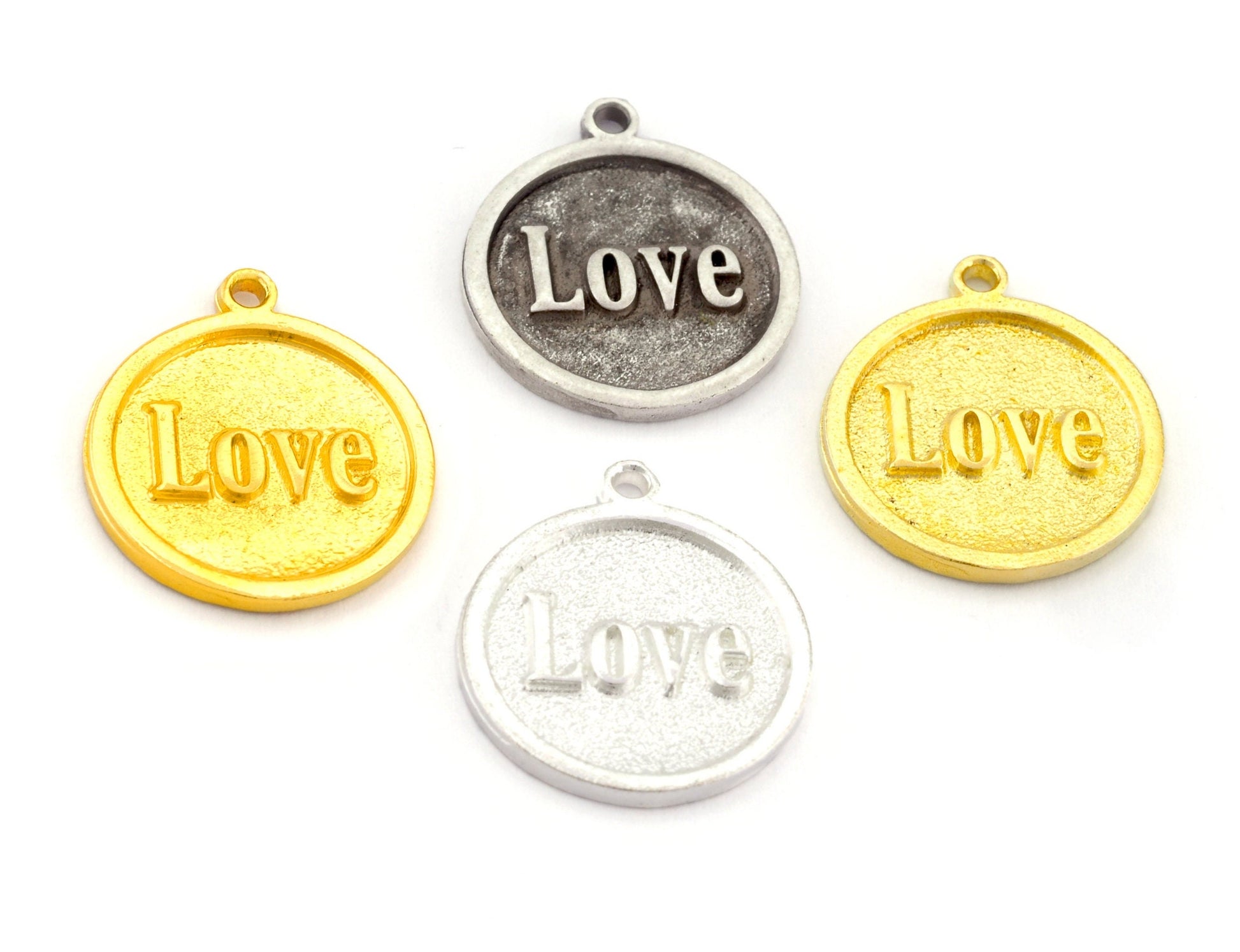 Love Round Disc Charms Pendant Raw Brass - Shiny Silver Plated - Antique Silver plated - Shiny Gold Plated 20x17mm Charms OZ4901 - 200