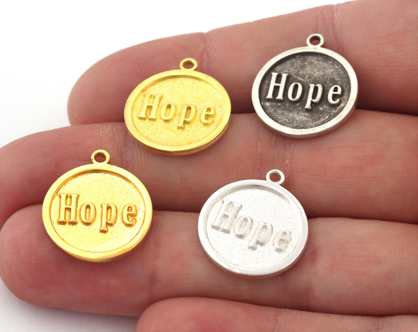 Hope Round Disc Charms Pendant Raw Brass - Shiny Silver Plated - Antique Silver plated - Shiny Gold Plated 20x17mm Charms OZ4904 - 200