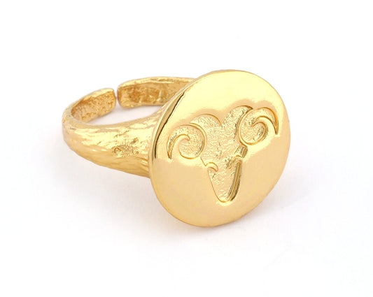 Ram Ring Aries Ring Horoscope Bark Textured Band Round Adjustable Ring Shiny gold plated brass (5 - 8.5US inner size) OZ4864