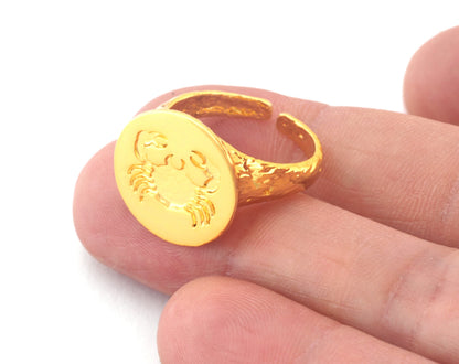 Crab Cancer Horoscope Ring Bark Textured Band Round Ring Adjustable Shiny Gold Plated brass (5 - 8.5US inner size) OZ4862