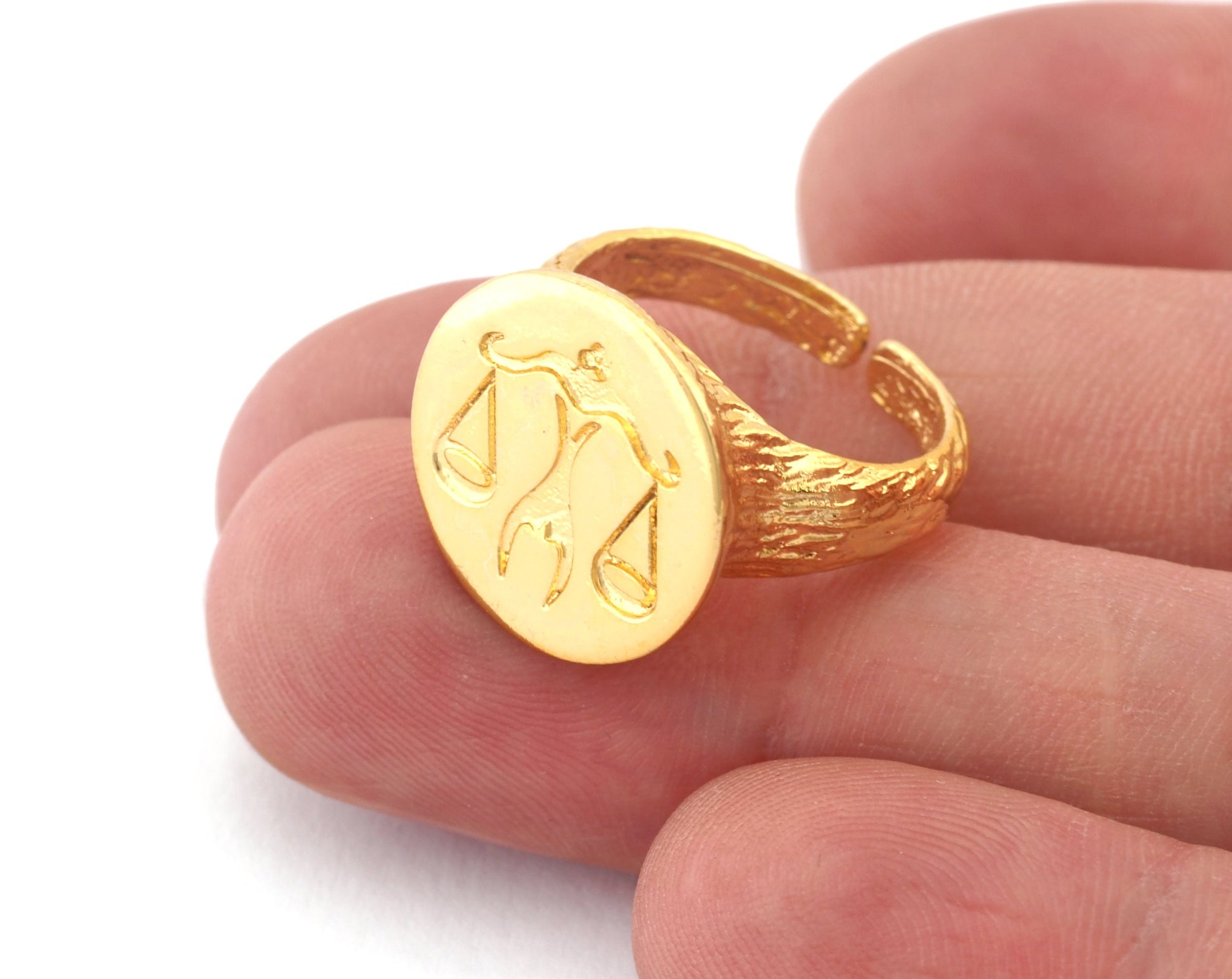 Libra Ring Scales Horoscope Bark Textured Band Round Ring Adjustable Shiny gold plated brass (5 - 8.5US inner size) OZ4870