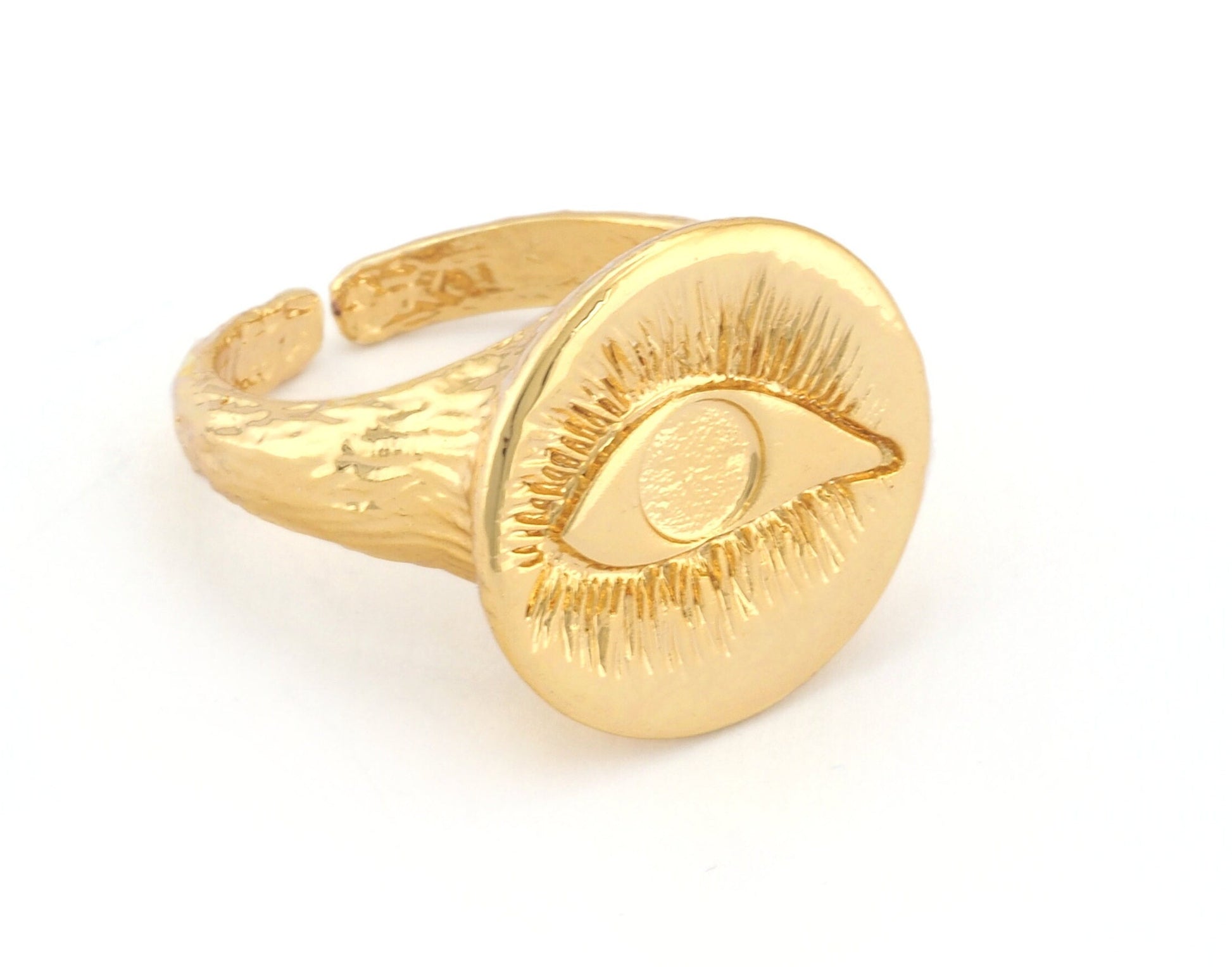 Eye Bark Textured Band Round Ring Adjustable Shiny Gold Plated brass (5 - 8.5US inner size) OZ4857