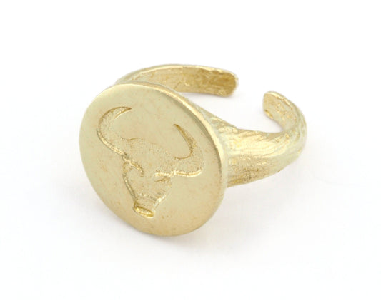 Bull Taurus Horoscope Zodiac Ring Horn Bark Textured Band Round Ring Adjustable Ring Raw brass (5 - 8.5US inner size) OZ4860