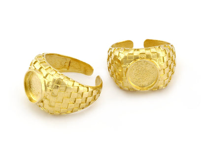 Square Checker Adjustable Ring Round Blank Bezel Setting - Raw Brass (10mm Blank ) 4918