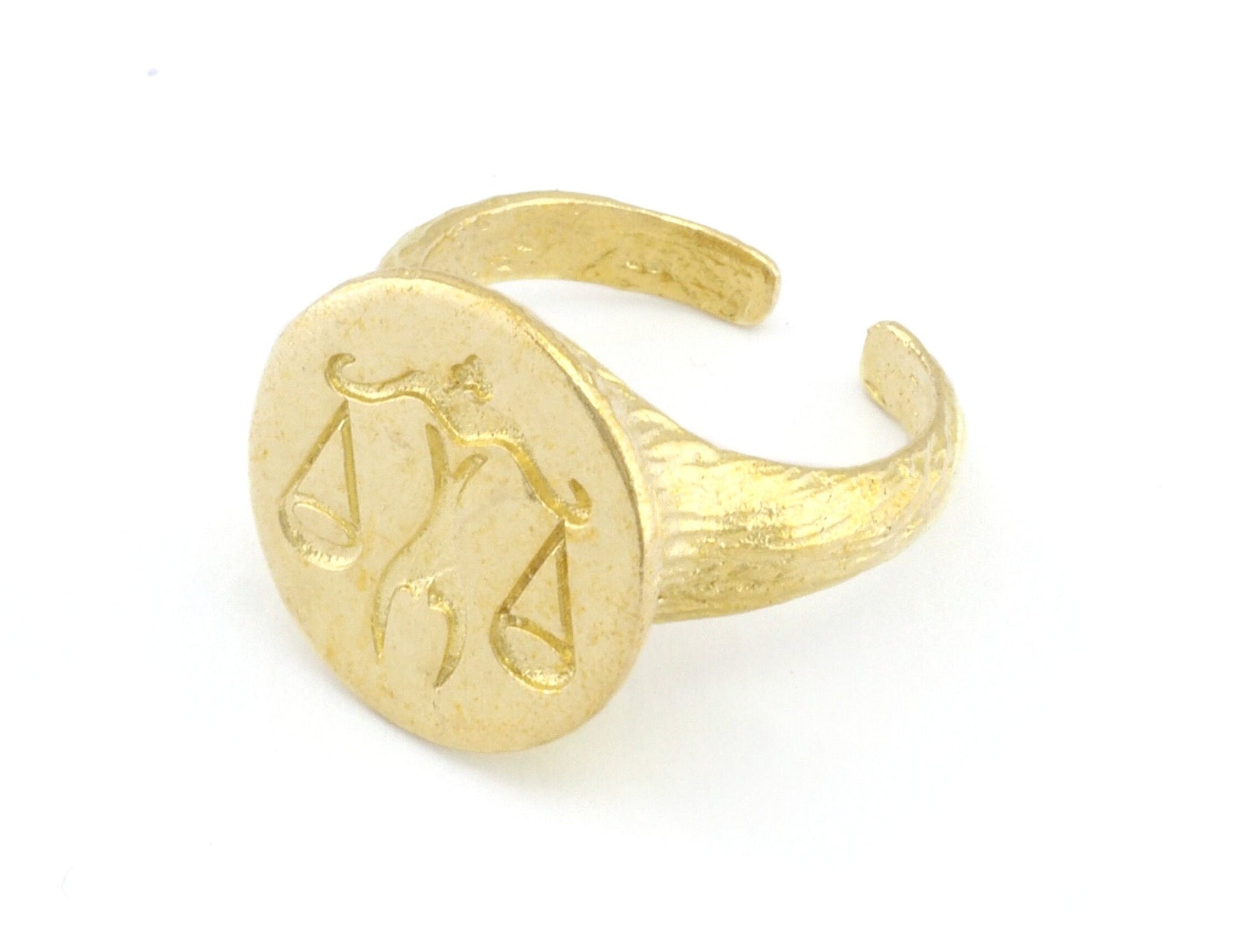 Libra Ring Scales Horoscope Bark Textured Band Round Ring Adjustable Ring Raw brass (5 - 8.5US inner size) OZ4870