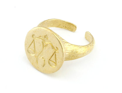 Libra Ring Scales Horoscope Bark Textured Band Round Ring Adjustable Ring Raw brass (5 - 8.5US inner size) OZ4870