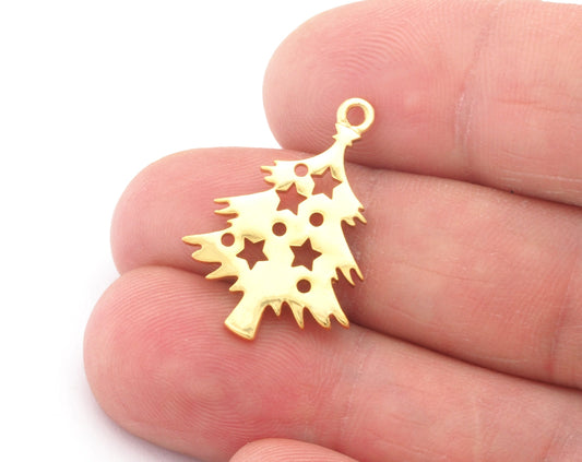 Decorated Tree Pine Charms Pendant Shiny Gold Plated Brass 25x18mm 1.5 mm 1 hole chams 4868