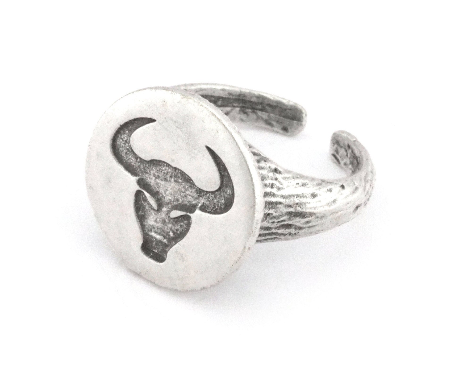 Bull Taurus Ring Horoscope Zodiac Horn Bark Textured Band Round Ring Adjustable Antique silver plated brass (5 - 8.5US inner size) OZ4860