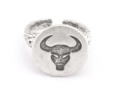 Bull Taurus Ring Horoscope Zodiac Horn Bark Textured Band Round Ring Adjustable Antique silver plated brass (5 - 8.5US inner size) OZ4860