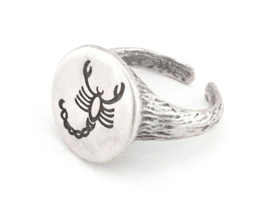 Scorpion Ring horoscope zodiac Bark Textured Band Round Ring Adjustable Ring Antique silver plated brass (5 - 8.5US inner size) OZ4858