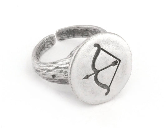 Bow Sagittarius Ring Horoscope Bark Textured Band Round Ring Adjustable Ring Antique silver plated brass (5 - 8.5US inner size) OZ4861