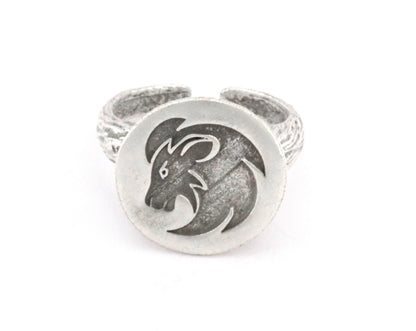 Lion Leo horoscope zodiac Ring Head Bark Textured Band Round Ring Adjustable Ring Antique silver plated brass (5 - 8.5US inner size) OZ4859